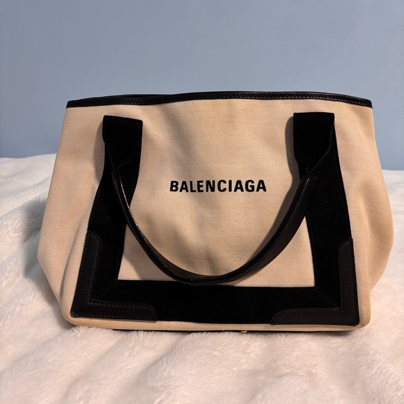 BALENCIAGA CABAS Denim Tote Bag Women White Navy Logo - Picture 3 of 7